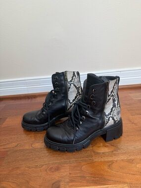 Black Combat Ankle Boots with Snake-Print Panel